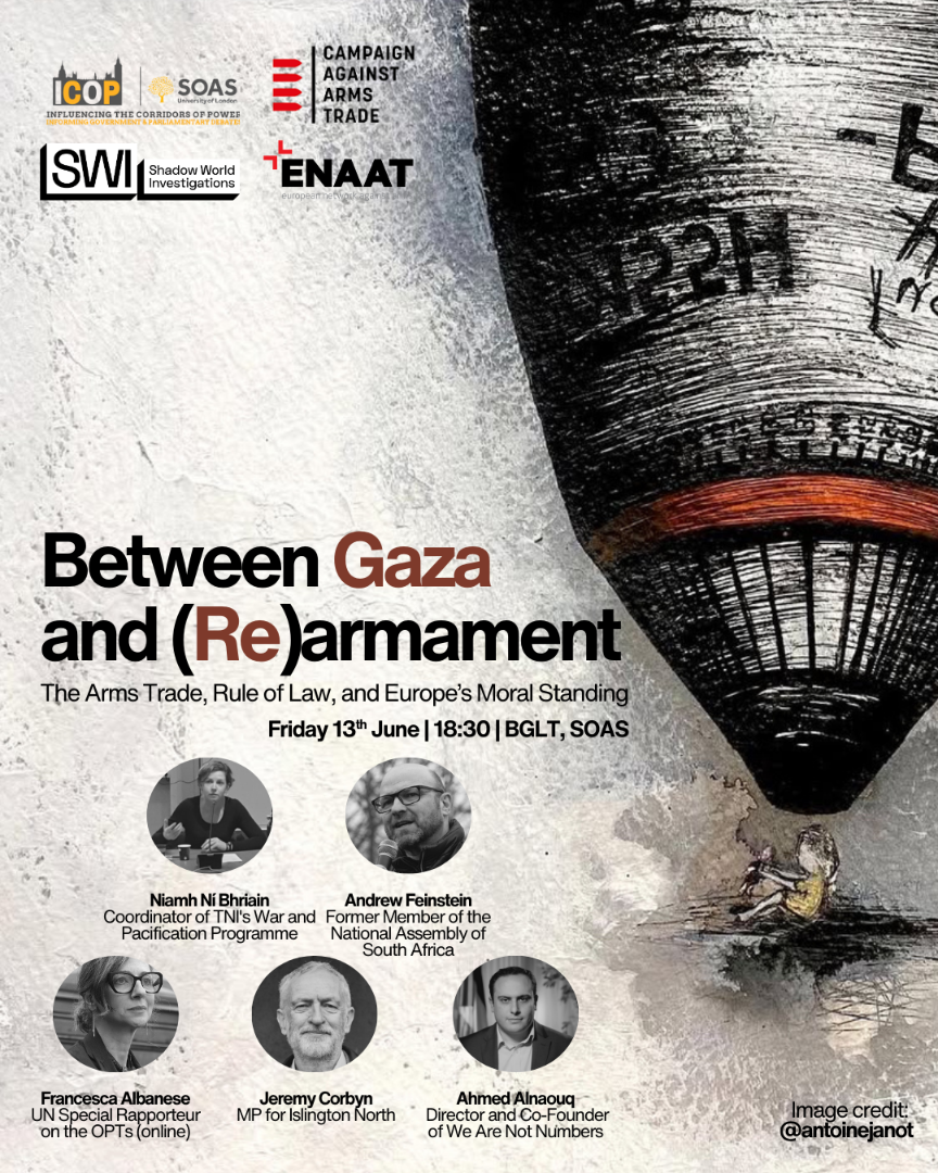 Invitation with five speakers photos and a large bomb overshadowing