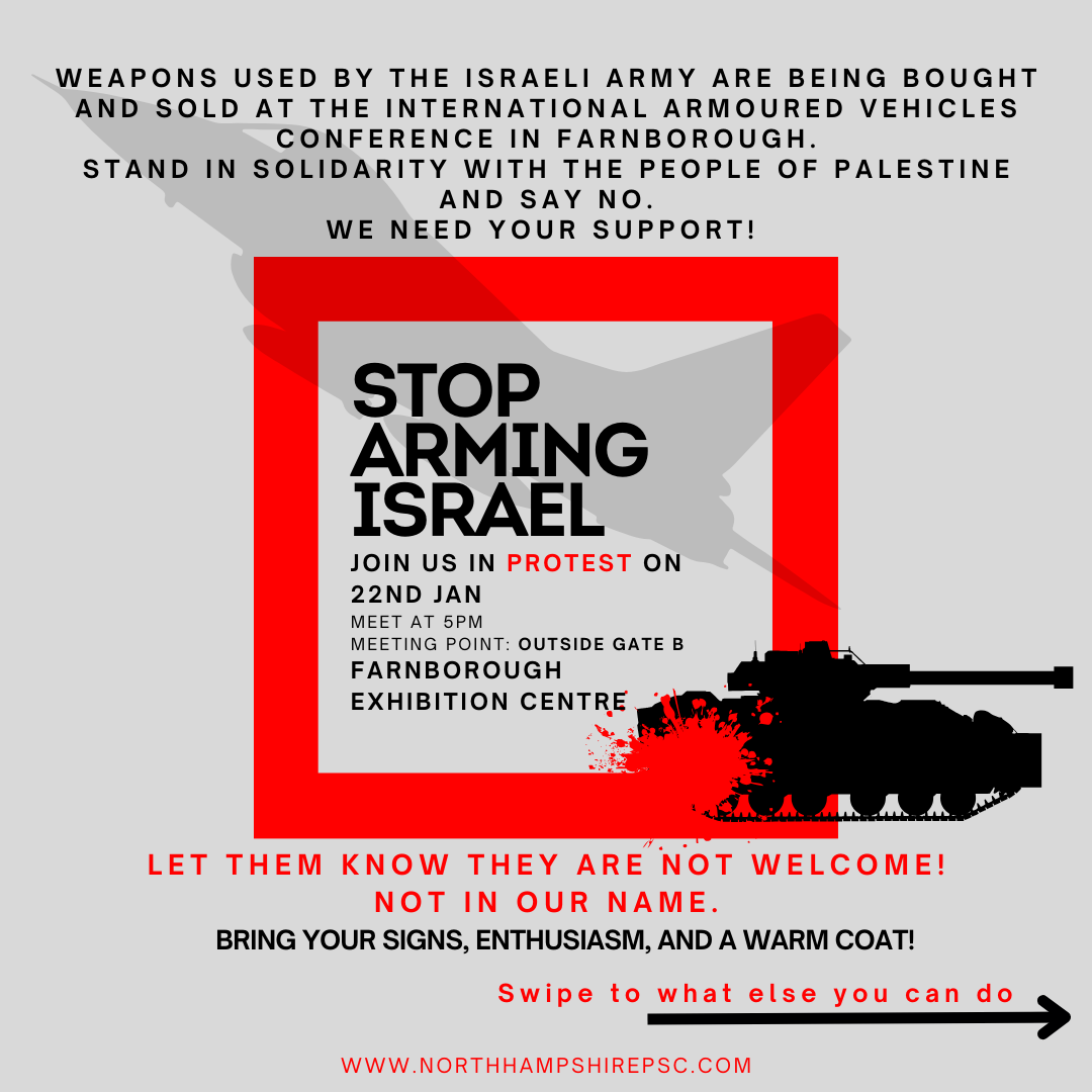 Grey and red graphic with an armoured tank on it, describing the stop arming Israel protest at the IAV weapons conference on 22 Jan.