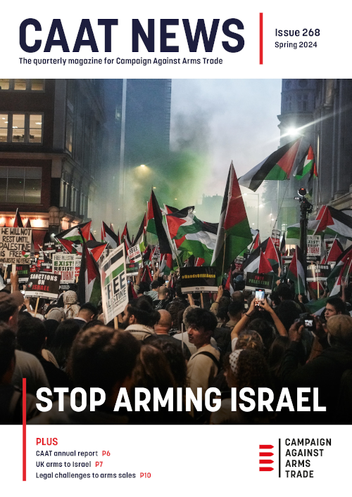 CAAT News front page. Issue 268. Featuring a photo from one of the big Palestine demonstrations in London.