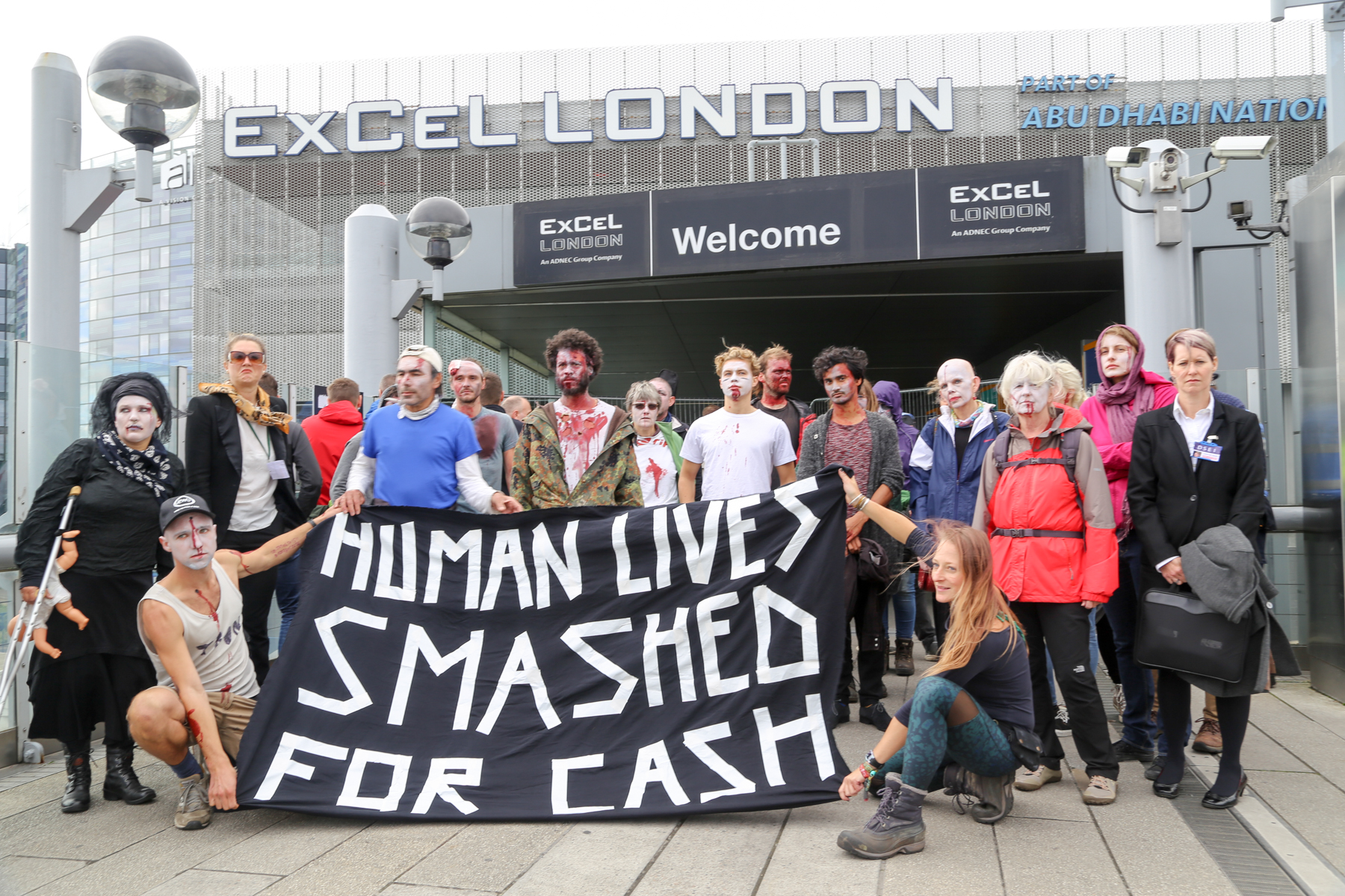 Activists protest outside the DSEI London arms fair, 2017.