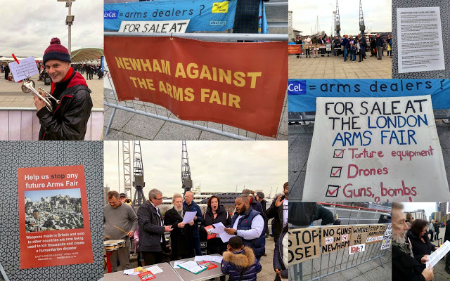 Newham Against the Arms Fair protesting DSEI outside the Excel Exhibition Centre in East London, 2019.