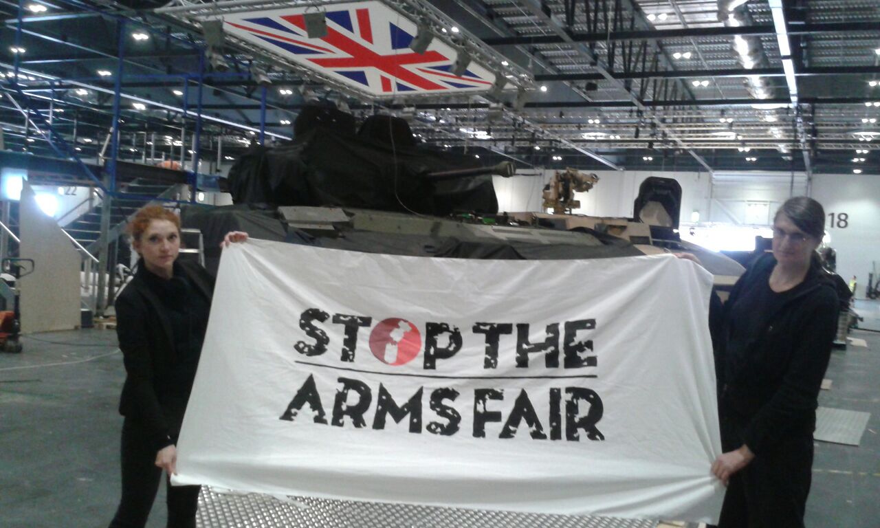Protestors inside the 2015 DSEI arms fair in East London