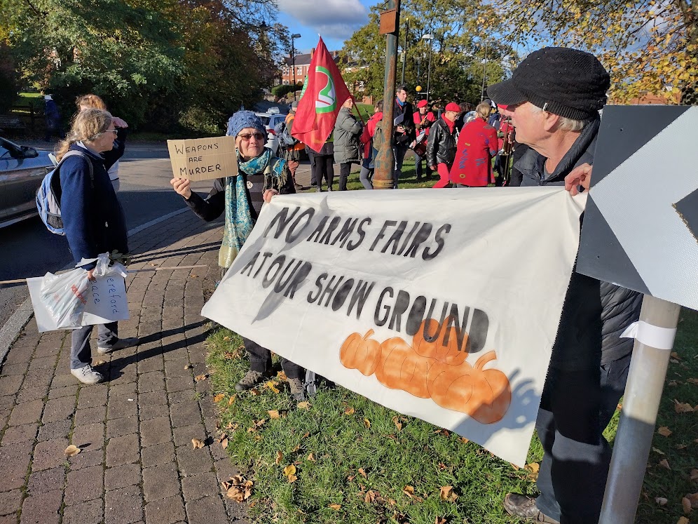 Protesters in Malvern saying to the 3CDSE arms fair at the Showground in the town