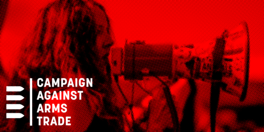 CAAT logo with young woman speaking truth to arms dealers via a megaphone Go her