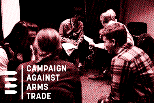 CAAT logo and an image of a group of people in small groups plotting the end of the arms trade.